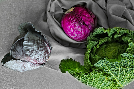 Different kinds on cabbage, top viewの写真素材