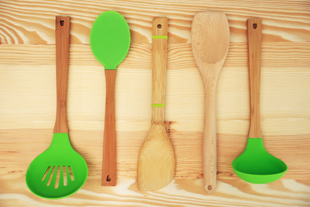 Kitchen utensil on wooden backgroundの写真素材