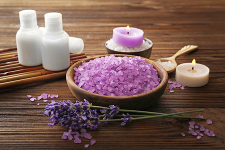 Beautiful spa composition with lavender on wooden backgroundの写真素材