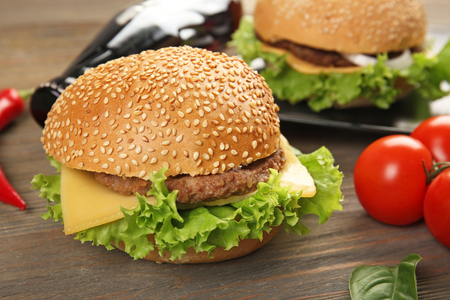 Fresh hamburgers with cola, closeupの写真素材