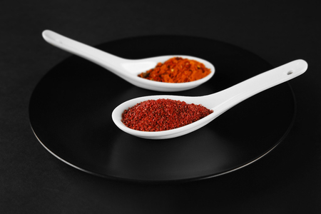 Spices in  spoons on a black plateの写真素材