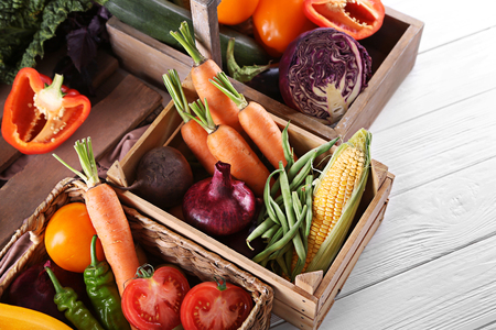 Fresh vegetables in wooden boxesの写真素材