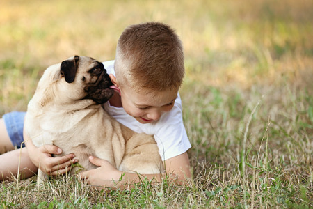 Cute boy with pug dog on green grassの写真素材