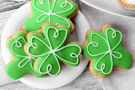 Decorative cookies on plate. Saint Patrics Day conceptの写真素材