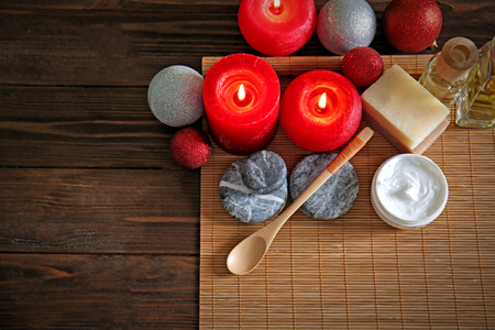 Christmas spa composition on tableの写真素材