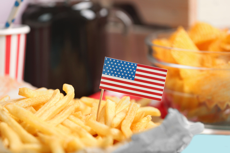 American traditional food with small flag, close upの写真素材