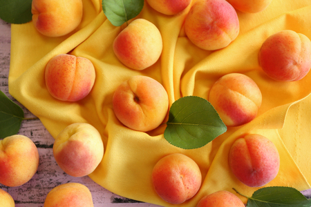 Fresh apricots on yellow napkinの写真素材