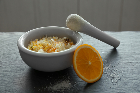 Natural scrub ingredients on gray tableの写真素材