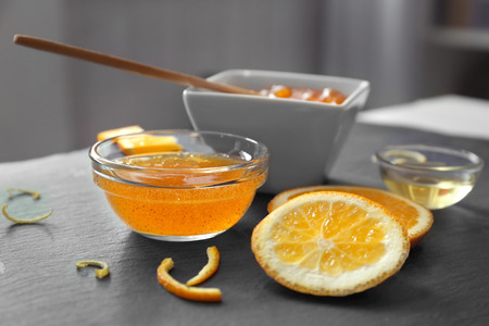 Natural scrub ingredients on gray tableの写真素材