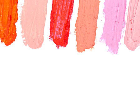 Collection of various lipstick strokes isolated on whiteの写真素材