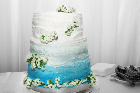 Delicious wedding cake on a tableの写真素材