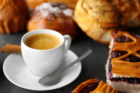 Cup of coffee and different bakery productsの写真素材