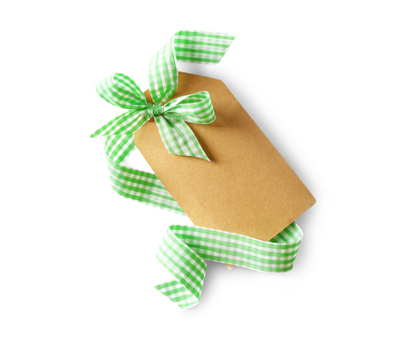 Silk ribbon and congratulatory card isolated on whiteの写真素材