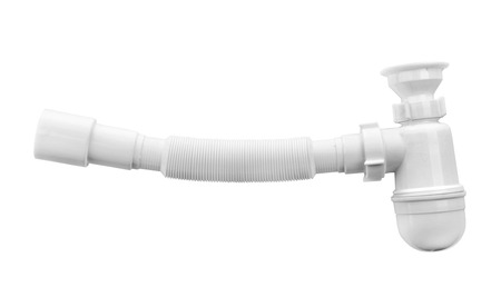 Plastic pipe with water trap, isolated on whiteの写真素材