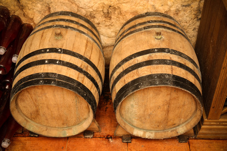 Wooden barrels for wine in cellar