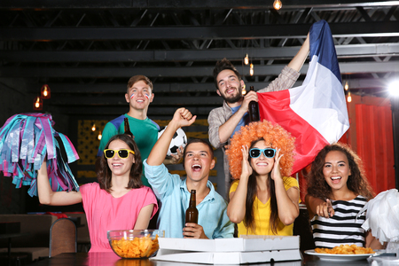 Cheerful friends with France flag emotionally watching soccer game in sport barの写真素材