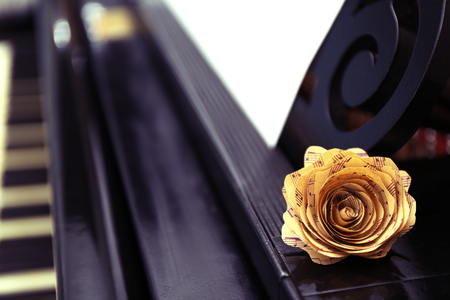 Rose made of music notes on black pianoの写真素材