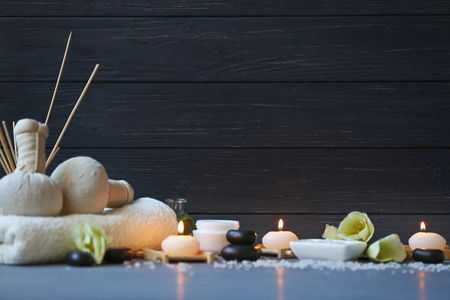 Spa treatments on blue wooden tableの写真素材