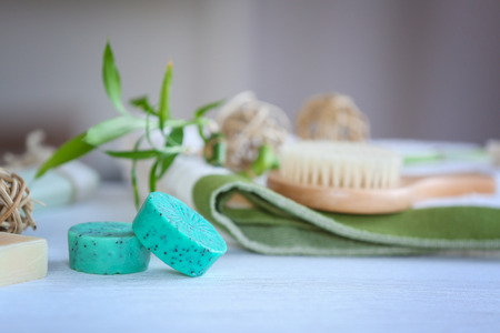 Spa treatments on white table in salonの写真素材