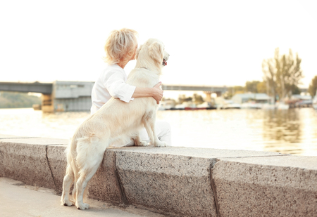 Senior woman with big dog on bundの写真素材