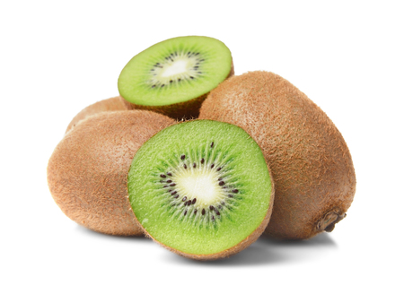 Green kiwis on white backgroundの写真素材