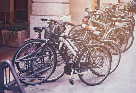 Bicycles parked on a streetの写真素材