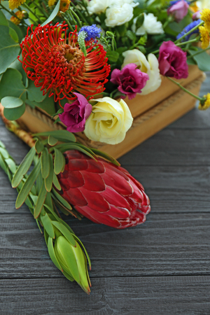 Beautiful flower composition in box, closeupの写真素材