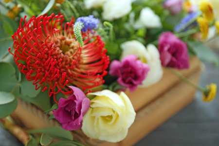 Beautiful flower composition in box, closeupの写真素材