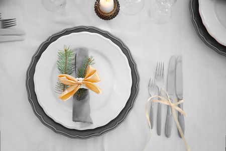 Table served for Christmas dinner, close up viewの写真素材