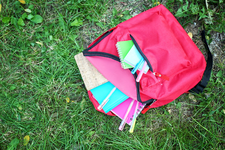 School backpack with accessories on green grass