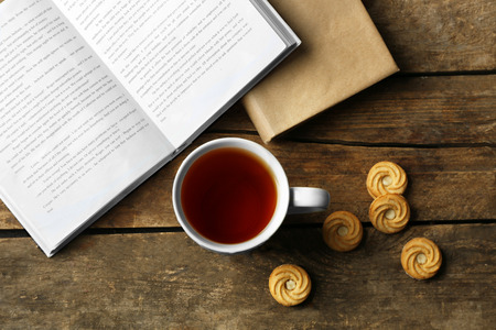 Hot drink with cookies on table, top viewの写真素材