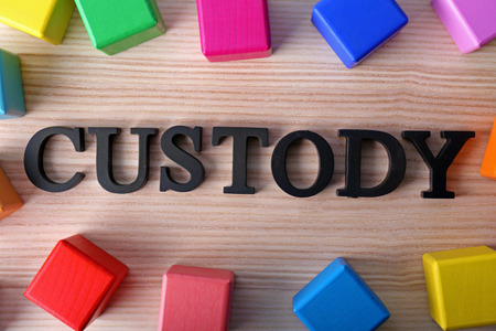 Word CUSTODY and cubes on wooden background, top viewの写真素材