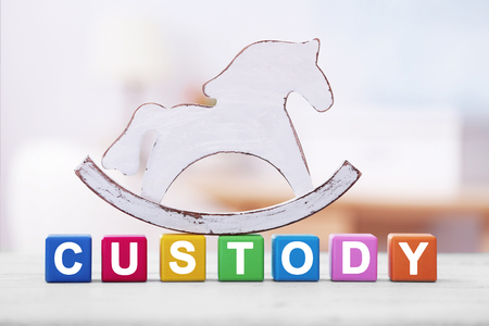 Cubes with word CUSTODY and toy horse on blurred backgroundの写真素材