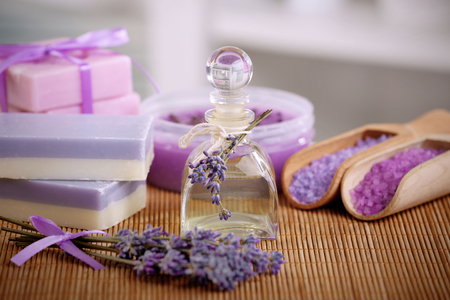 Beautiful spa composition with lavender on bamboo matの写真素材