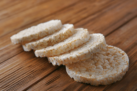 Rice crackers on wooden backgroundの写真素材