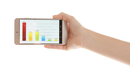 Hand holding cellphone on white backgroundの写真素材