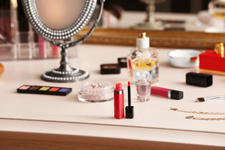 Cosmetics on dressing table, closeupの写真素材