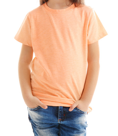 Little girl in blank color t-shirt on white background, close upの写真素材