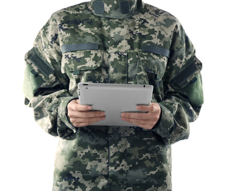 Soldier holding tablet. Military education conceptの写真素材