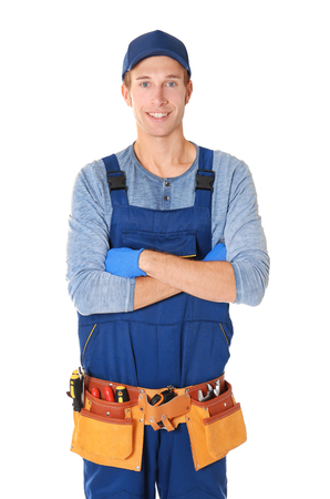 Plumber with tools on white backgroundの写真素材