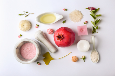Natural cosmetic ingredients on white background, top viewの写真素材