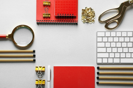Flat lay of stationery for branding on light backgroundの写真素材