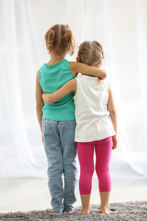 Little sisters embracing standing near window at homeの写真素材