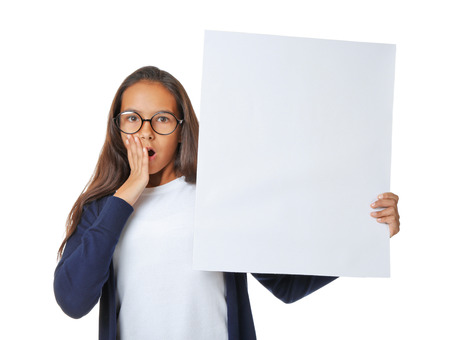 Cute girl with blank poster on white backgroundの写真素材