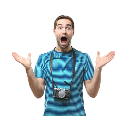 Man traveler with camera on white backgroundの写真素材