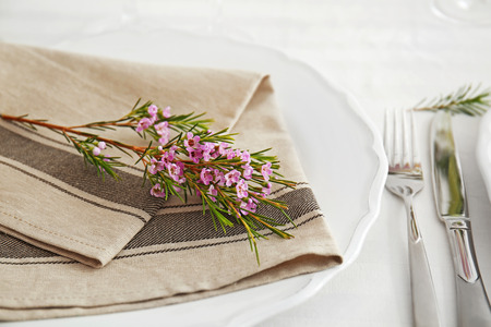 Table served for wedding dinner, closeupの写真素材