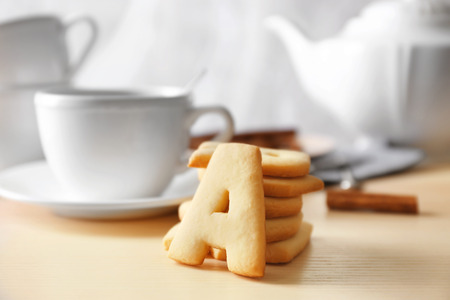 Cookie alphabet on kitchen table, closeupの写真素材