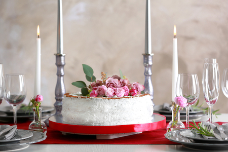 Delicious wedding cake on beautifully served tableの写真素材
