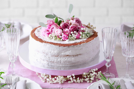 Delicious wedding cake on beautifully served table, closeupの写真素材