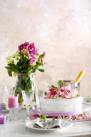 Delicious wedding cake on beautifully served tableの写真素材